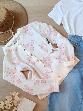 Forward Soft Cream Floral Knit Cardigan with Pink Embroidery NWT